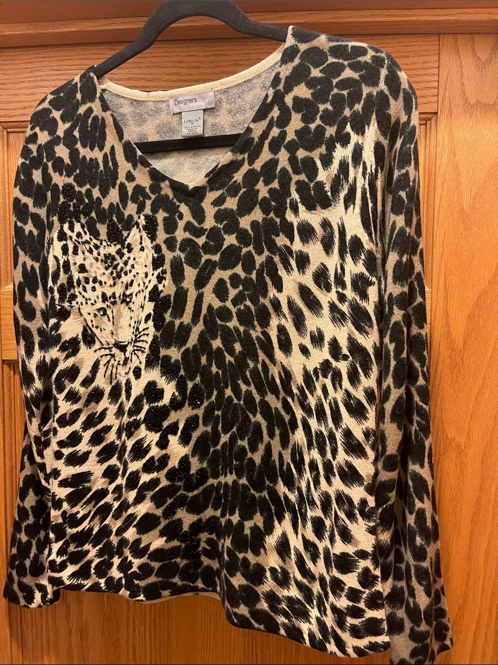 Designers Originals Leopard-Print V-Neck Sweater in Black and Cream